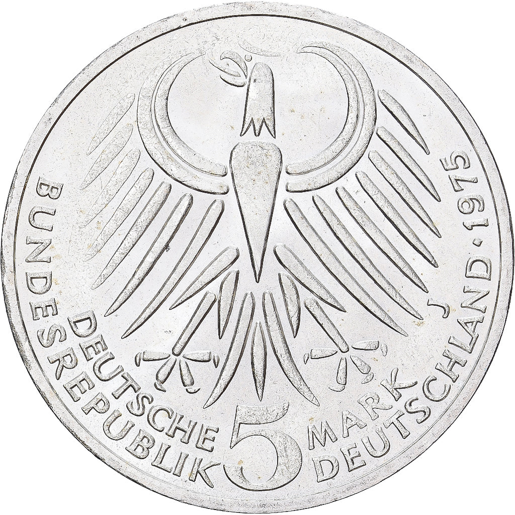 Niemcy - RFN, 5 Mark, 1975, Hamburg, Srebro, AU(55-58), KM:141