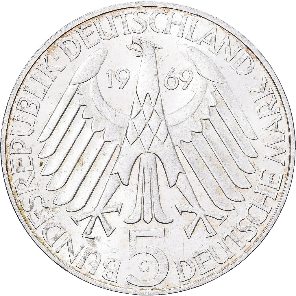 Federal Republic of Germany, 5 Mark, 1969, Karlsruhe, Silver, AU(55-58)