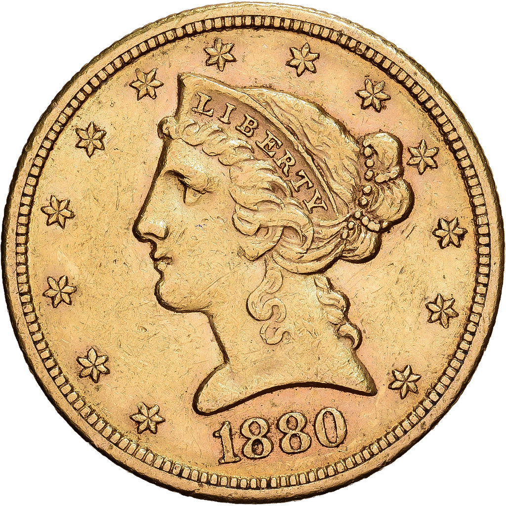 Estados Unidos, $5, Half Eagle, Coronet Head, 1880, U.S. Mint, Oro, MBC+, KM:101