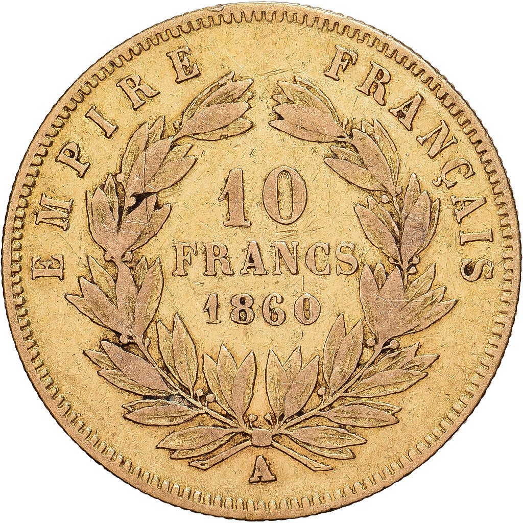 France, Napoleon III, 10 Francs, 1860, Paris, Main, Gold, VF(30-35)