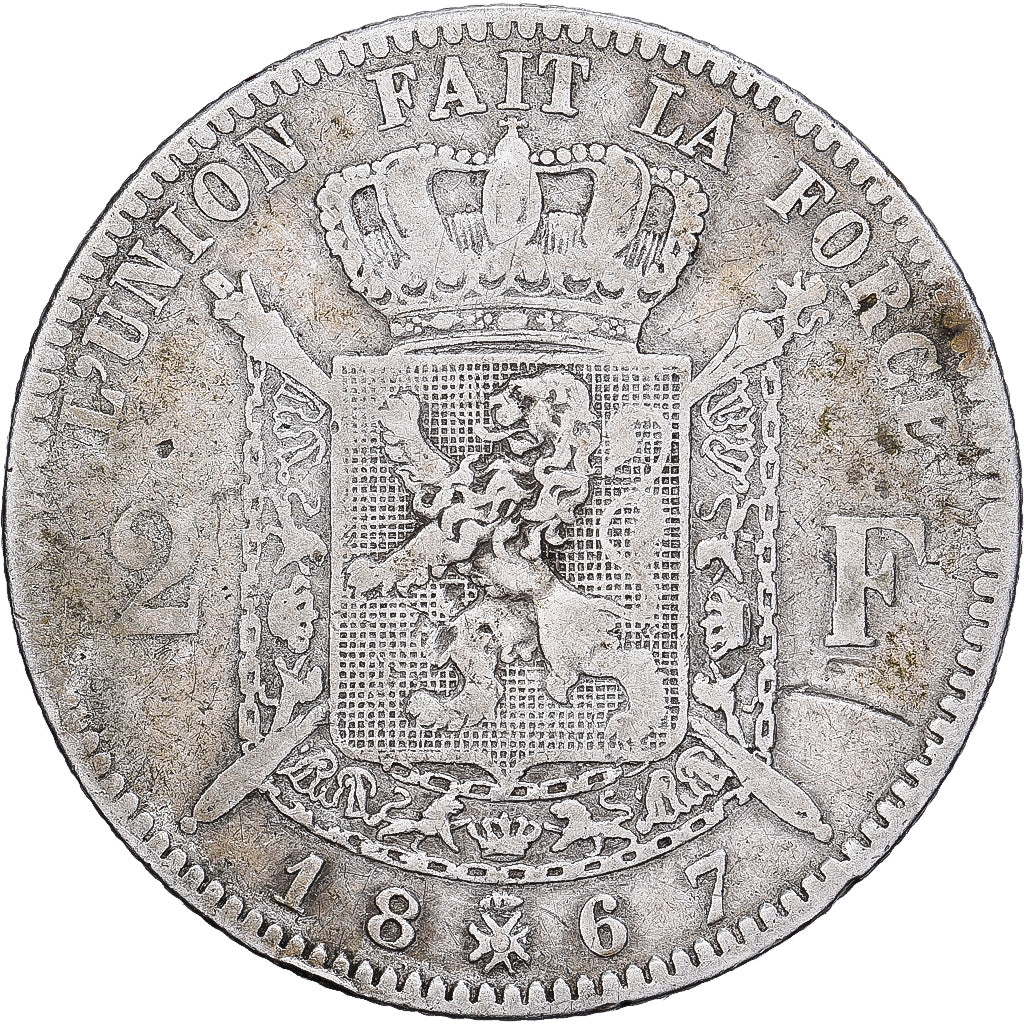 Belgia, Leopold II, 2 Francs, 2 Frank, 1867, Brussels, Srebro, VF(20-25)