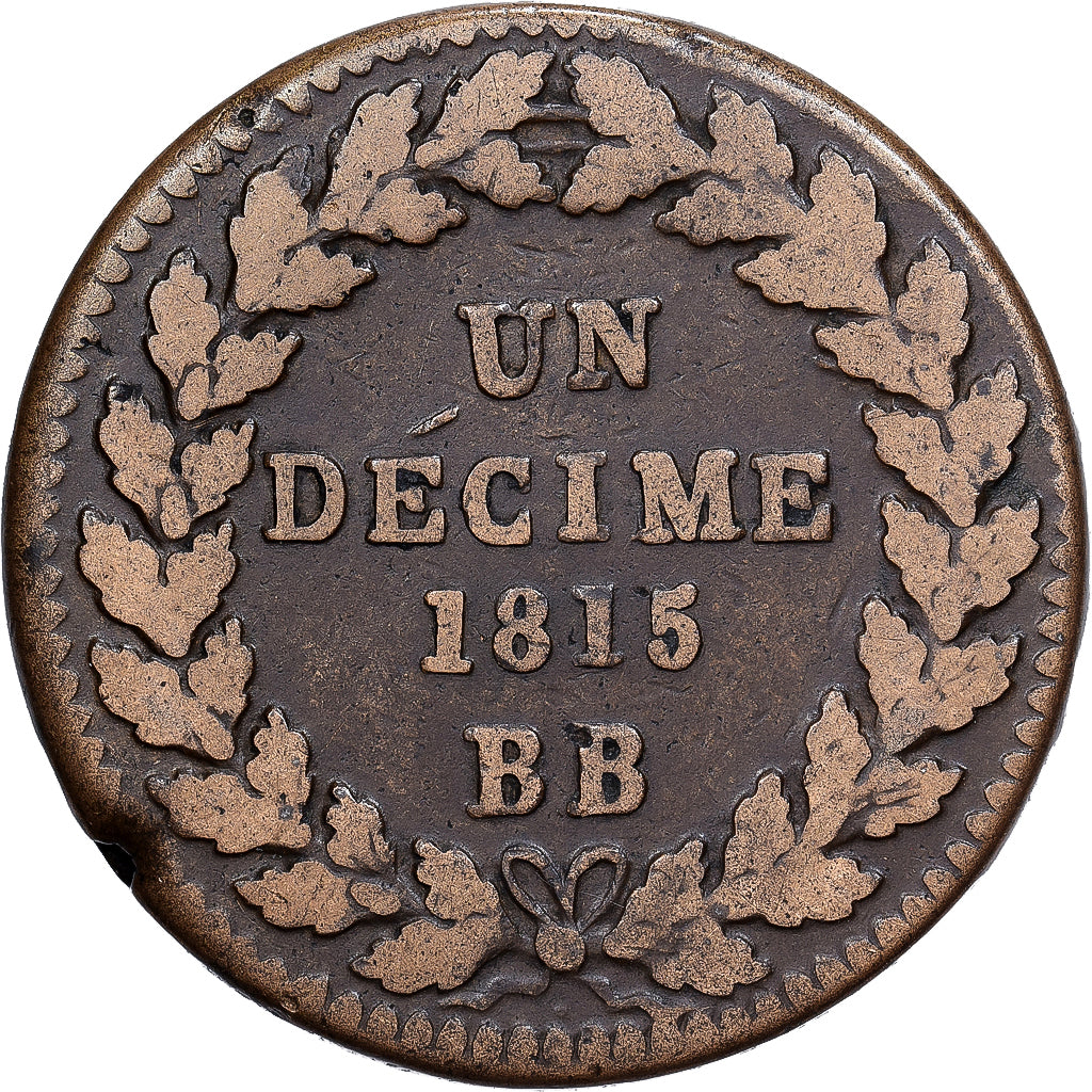 Frankrijk, Louis XVIII, Decime, 1815, Strasbourg, Bronzen, ZF, Gadoury:196c