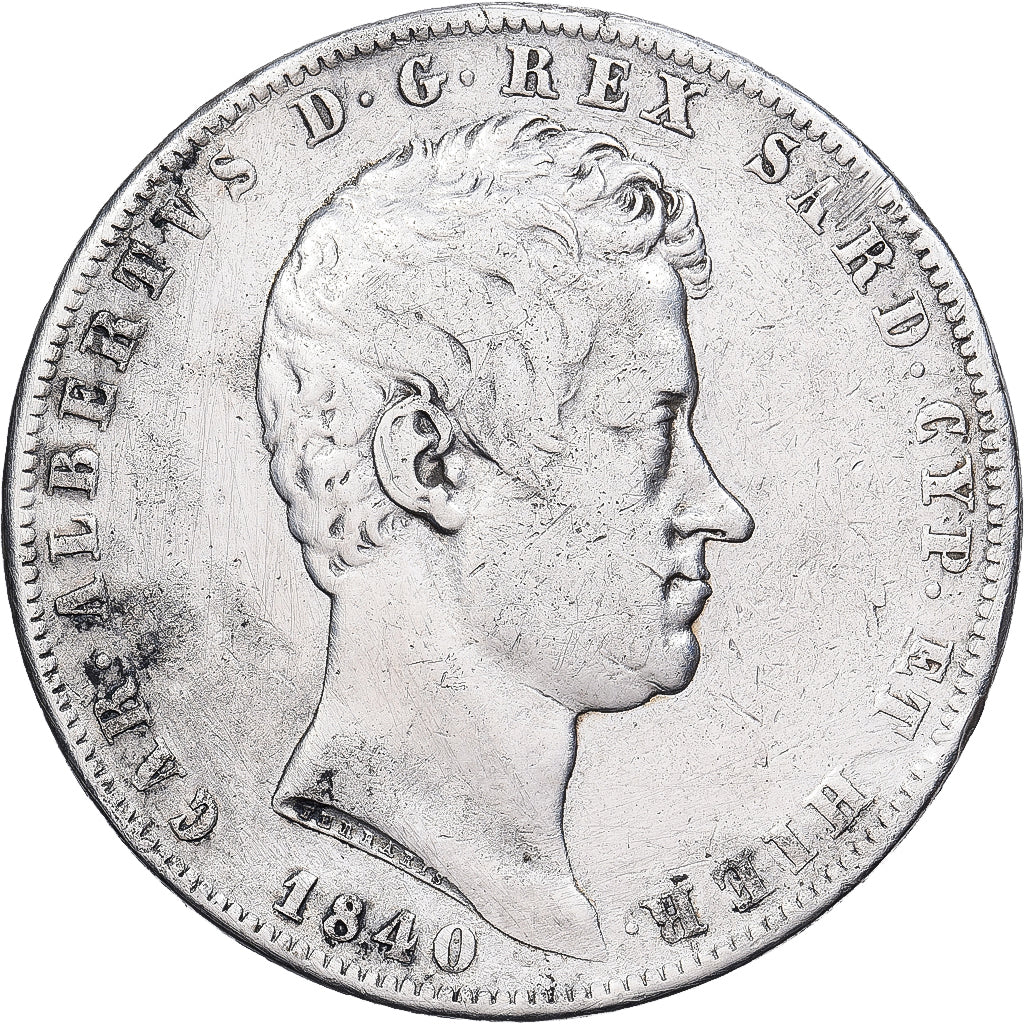 États italiens, SARDINIA, Charles-Albert, 5 Lire, 1840, Genoa, Argent, TTB