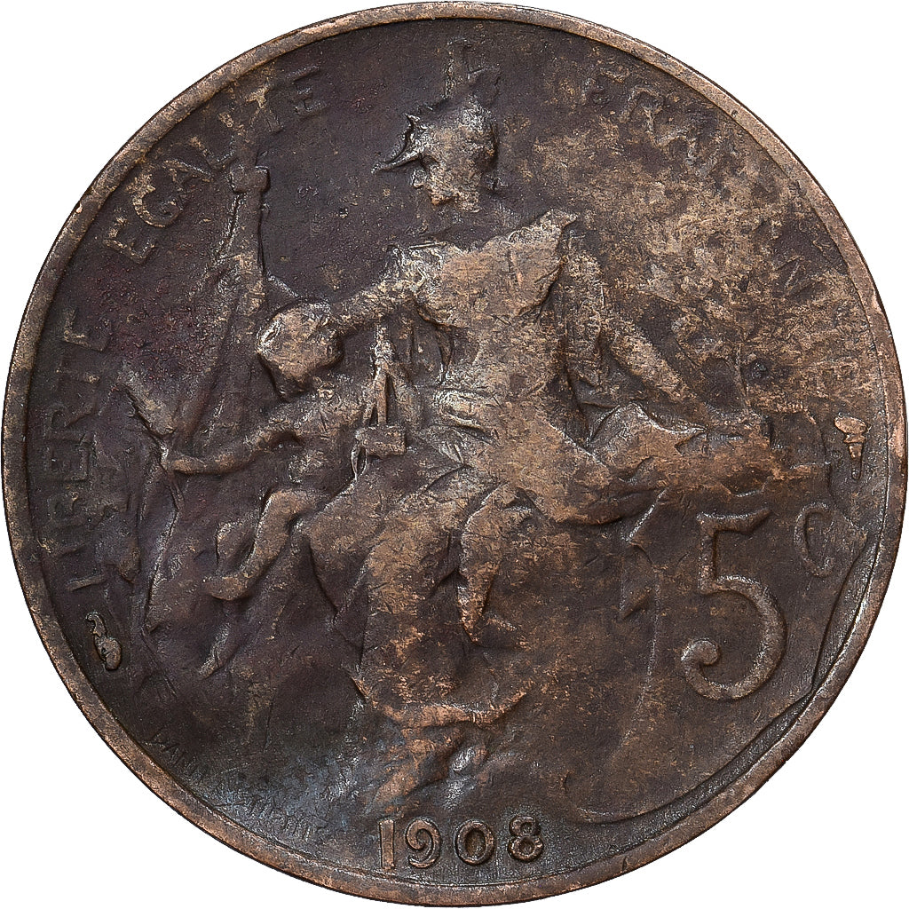 France, 5 Centimes, Dupuis, 1908, Paris, Bronze, EF(40-45), Gadoury:165, KM:842