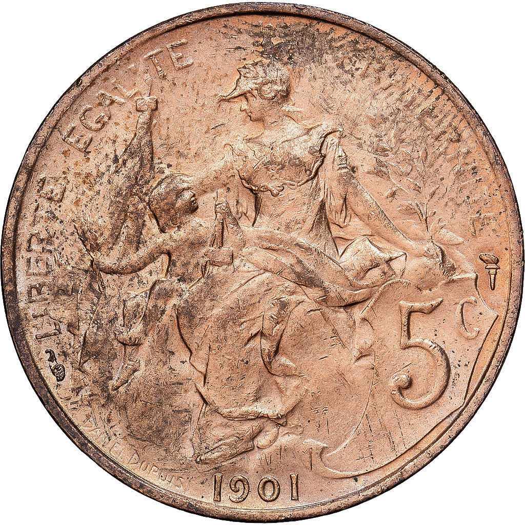 Frankreich, 5 Centimes, Dupuis, 1901, Paris, Bronze, VZ, Gadoury:165, KM:842