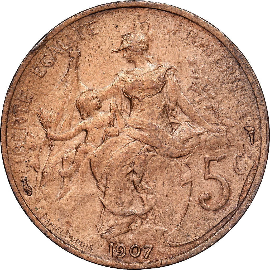 Francja, 5 Centimes, Dupuis, 1907, Paris, Brązowy, AU(55-58), KM:842