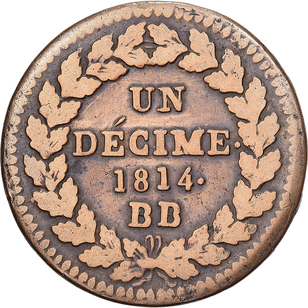 Frankrijk, Louis XVIII, Decime, 1814, Strasbourg, Bronzen, FR+, Gadoury:196d