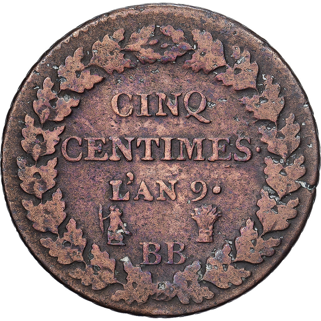 France, 5 Centimes, Dupré, An 9 (1801), Strasbourg, Bronze, TB+, Gadoury:126b