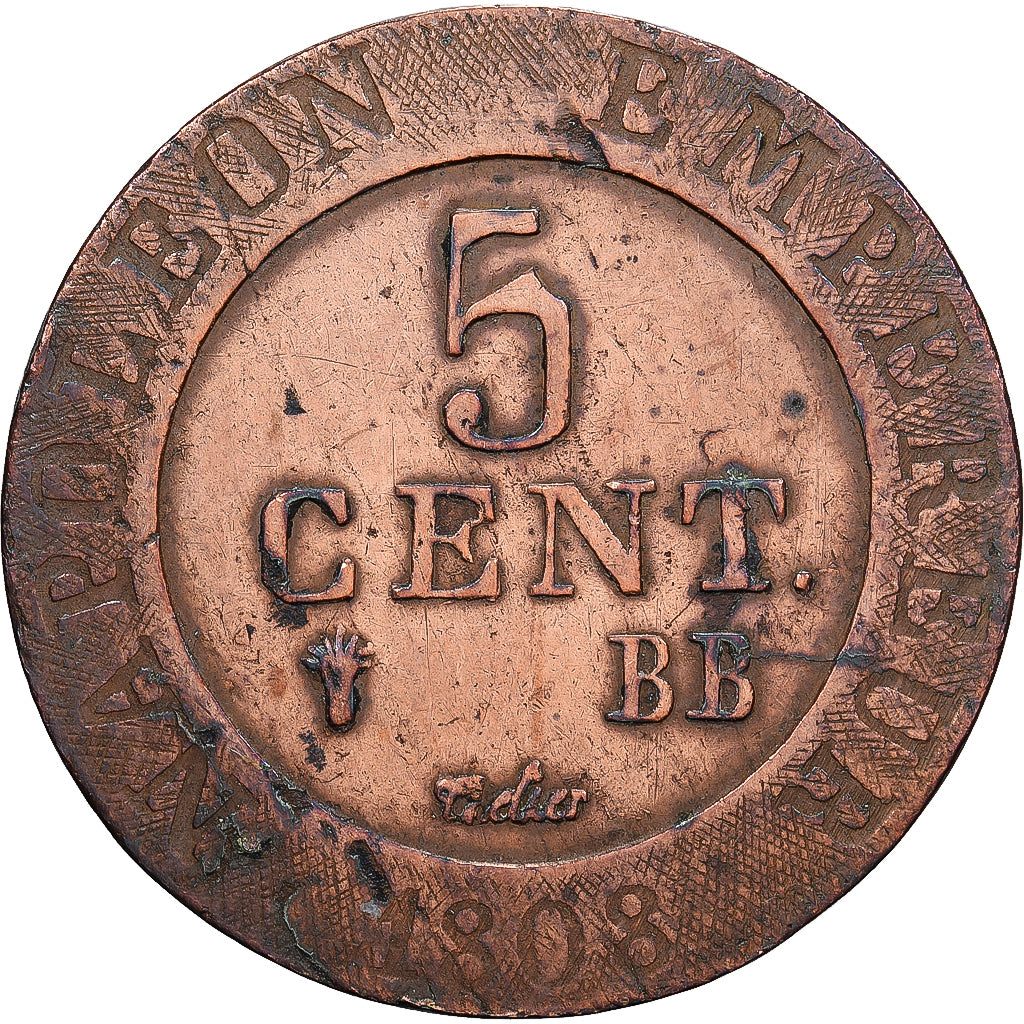 Francia, Napoleon I, 5 Centimes, 1808, Strasbourg, Cobre, MBC, Gadoury:127