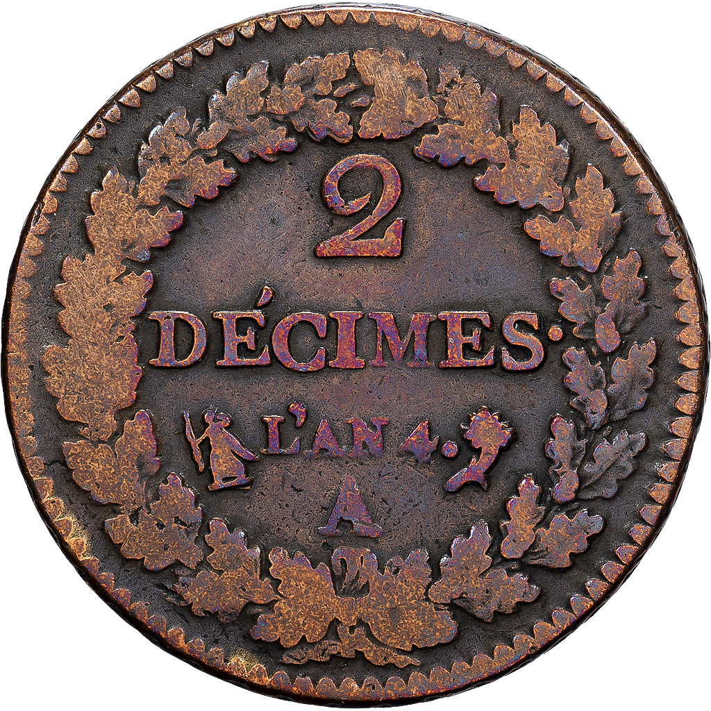France, 2 Décimes, Dupré, AN 4 (1795-96), Paris, Bronze, VF(30-35)