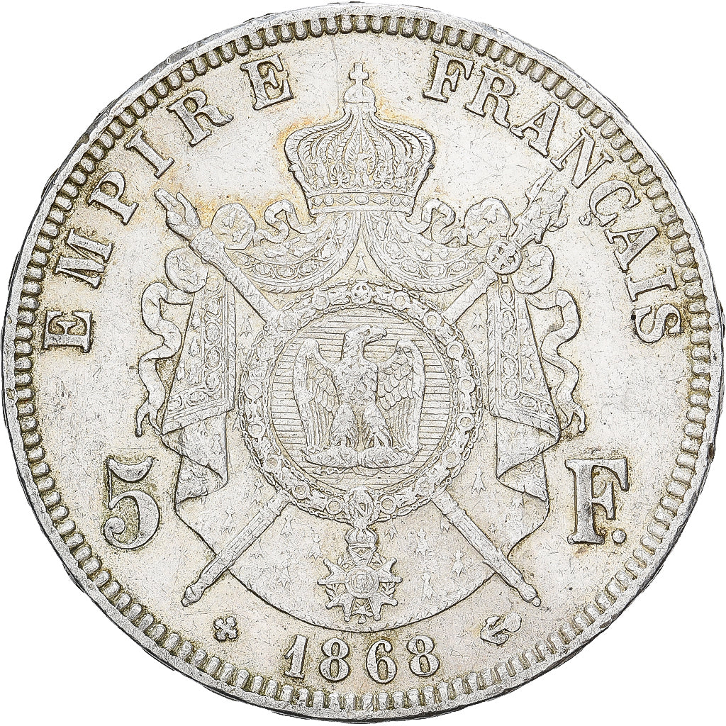 Francia, Napoleon III, 5 Francs, 1868, Strasbourg, Argento, BB+, Gadoury:739