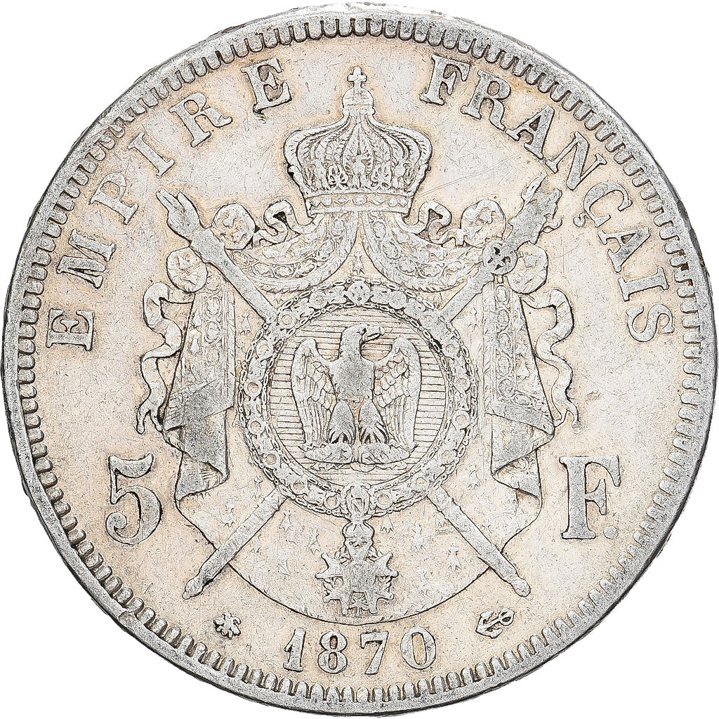 France, Napoleon III, 5 Francs, 1870, Paris, Silver, EF(40-45), Gadoury:739