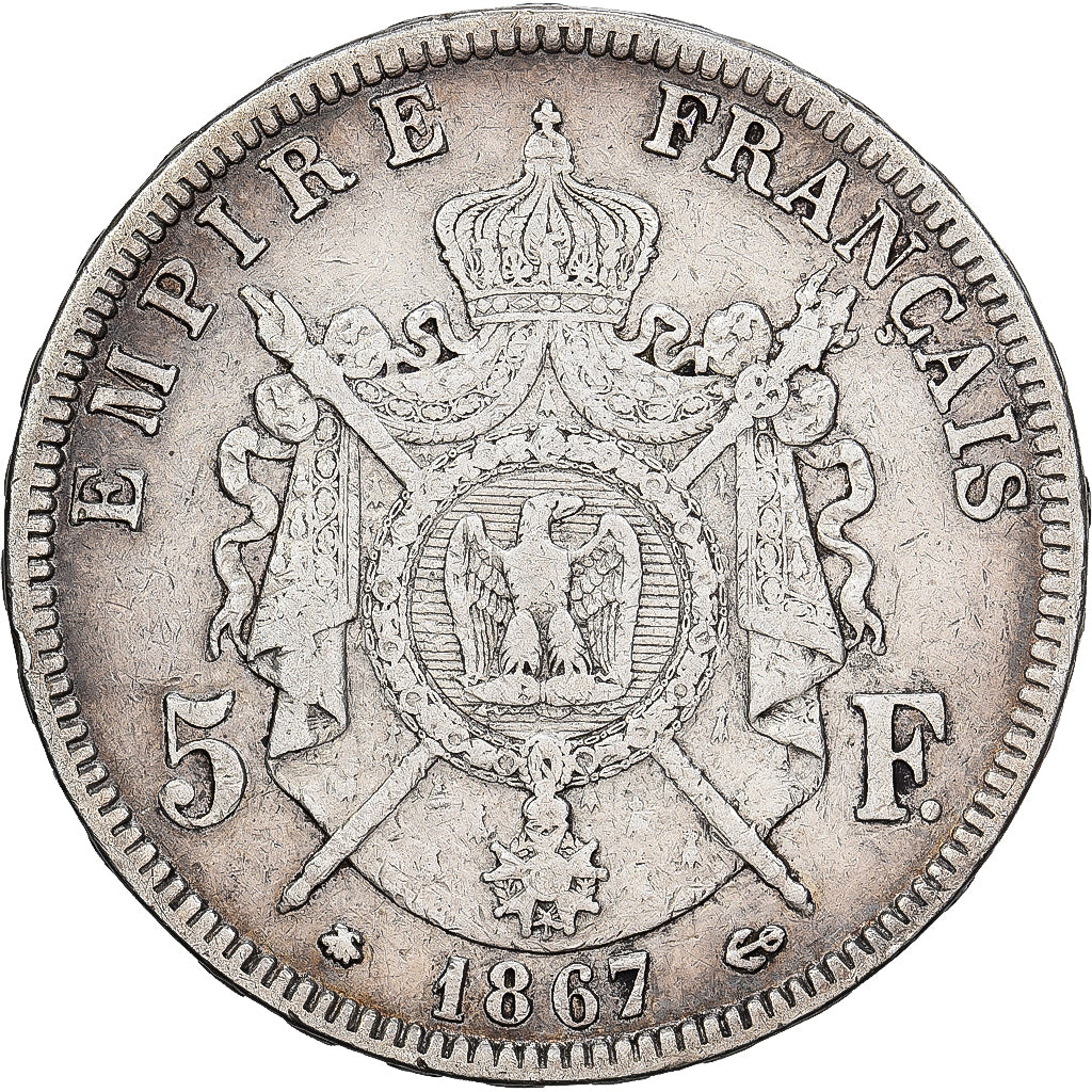 France, Napoleon III, 5 Francs, 1867, Paris, Silver, VF(30-35), Gadoury:739