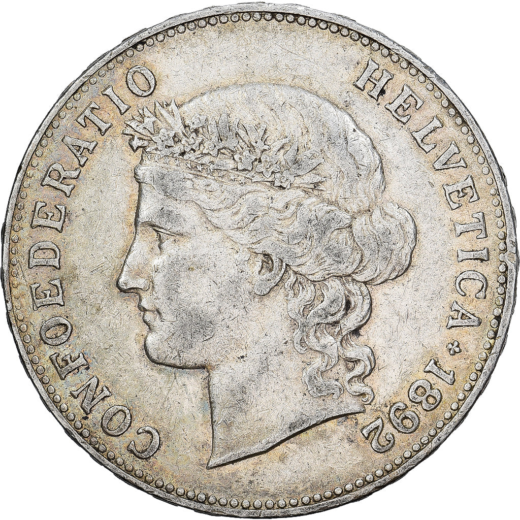 Suiza, 5 Francs, 1892, Bern, Plata, MBC, KM:34