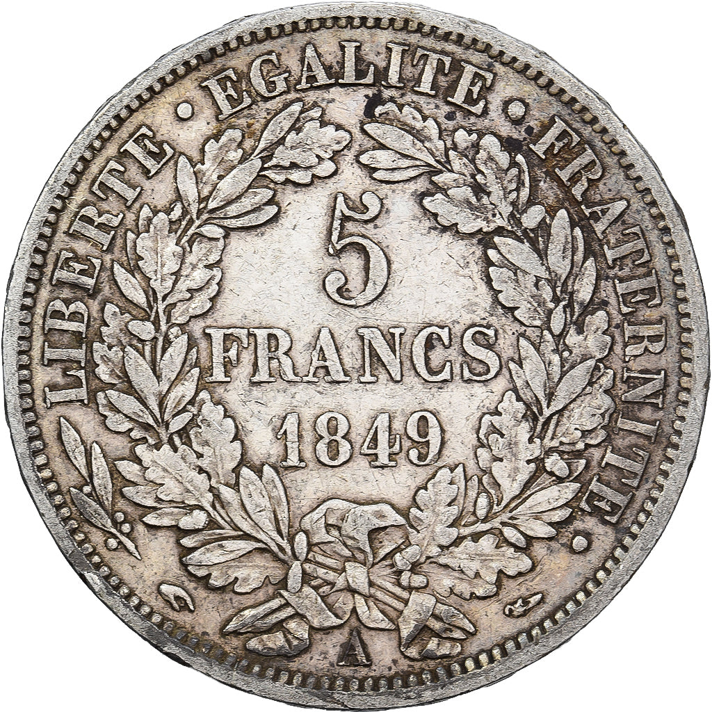 França, 5 Francs, Cérès, 1849, Paris, main-chien, Prata, EF(40-45)