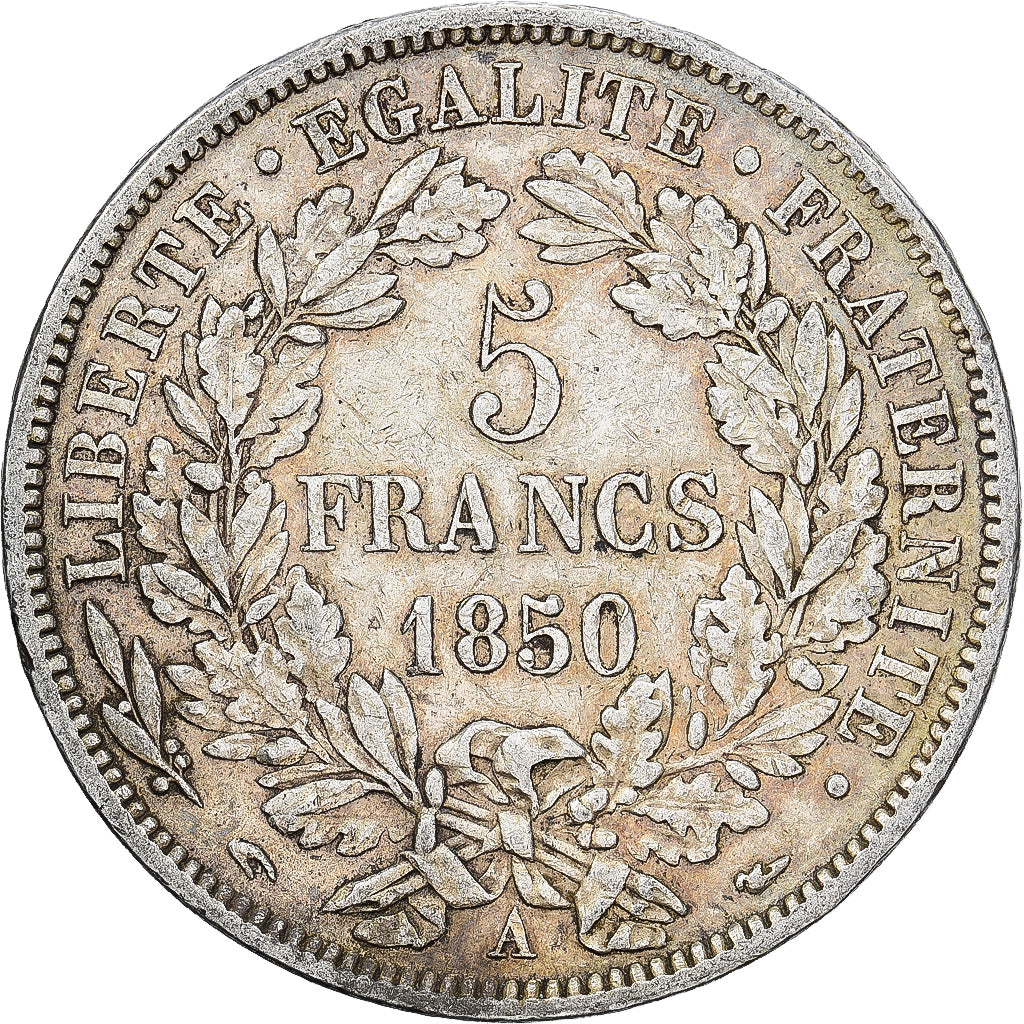 Francia, 5 Francs, Cérès, 1850, Paris, main-chien, Plata, MBC, KM:761.1