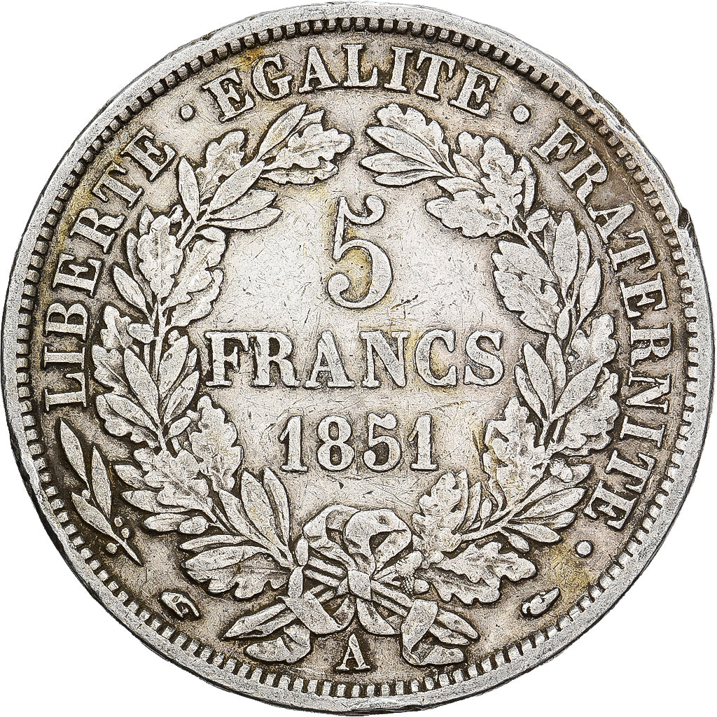 France, 5 Francs, Cérès, 1851, Paris, main-chien, Silver, EF(40-45)
