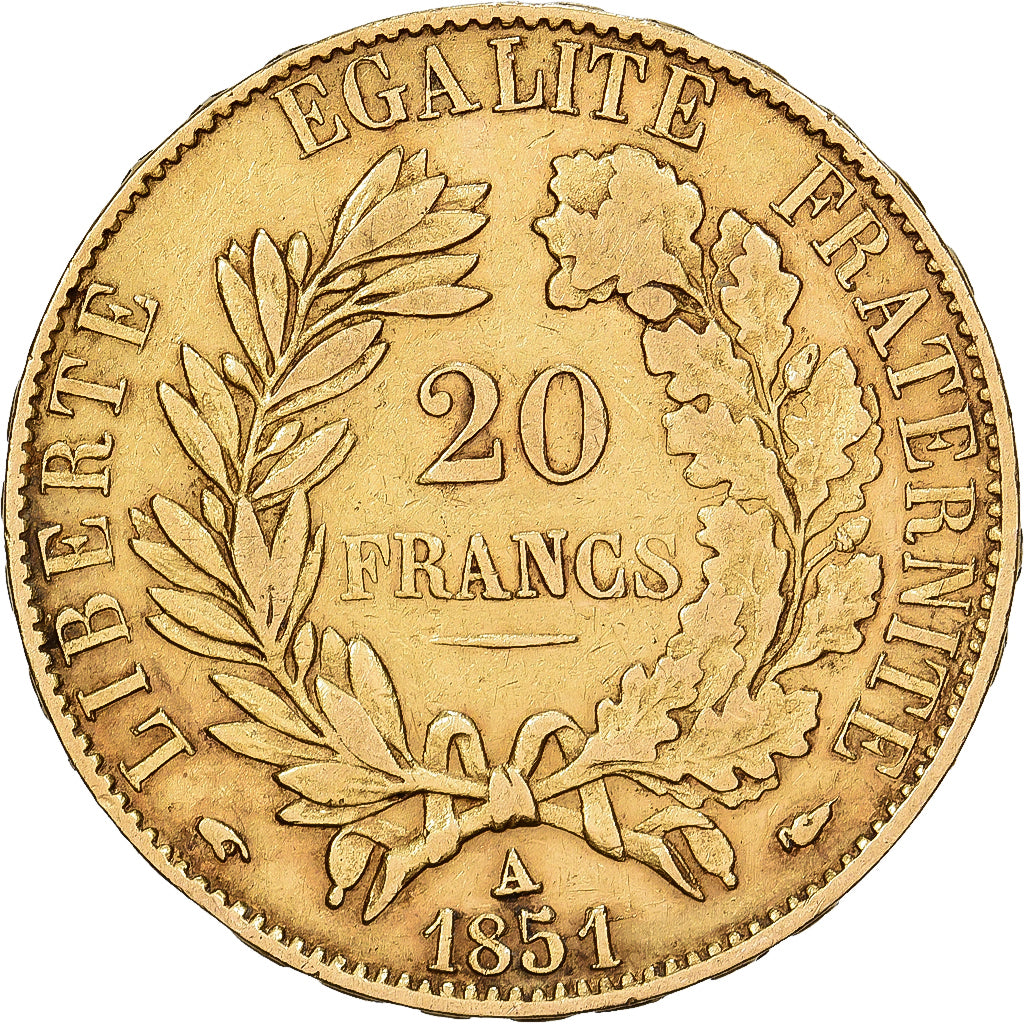 France, 20 Francs, Cérès, 1851, Paris, Gold, EF(40-45), Gadoury:1059, KM:762