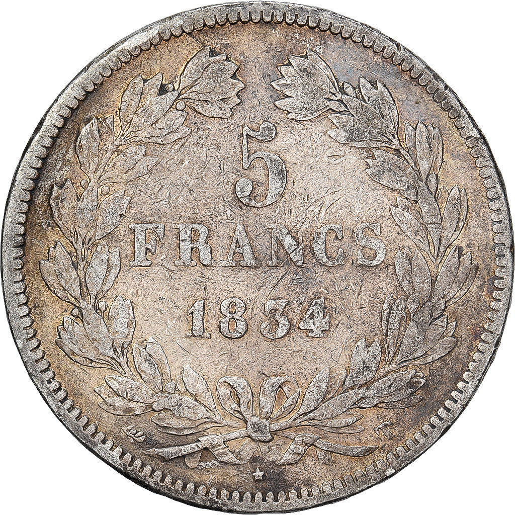 France, Louis Philippe I, 5 Francs, 1834, Nantes, Silver, VF(30-35)
