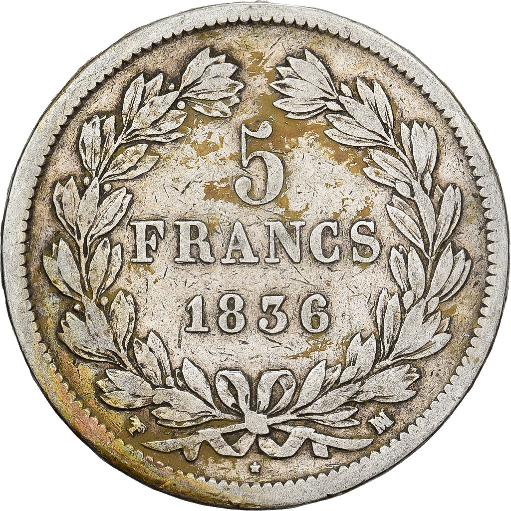 Francia, Louis Philippe I, 5 Francs, 1836, Marseille, Plata, BC+, Gadoury:678