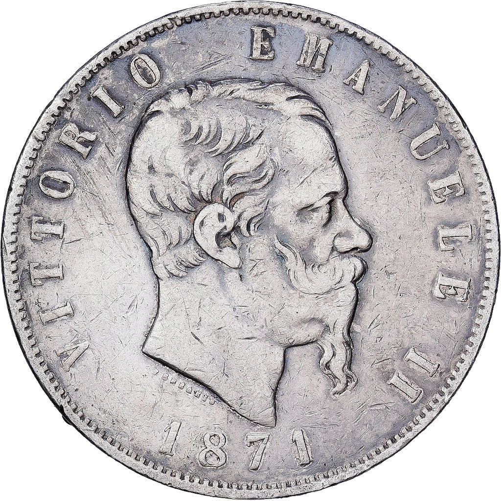 Włochy, Vittorio Emanuele II, 5 Lire, 1871, Milan, Srebro, VF(30-35), KM:8.3