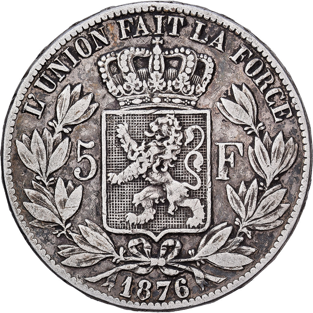 Belgia, Leopold II, 5 Francs, 5 Frank, 1876, Brussels, Srebro, VF(30-35), KM:24