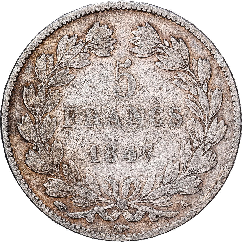 Francia, Louis Philippe I, 5 Francs, 1847, Paris, Plata, BC+, Gadoury:678a