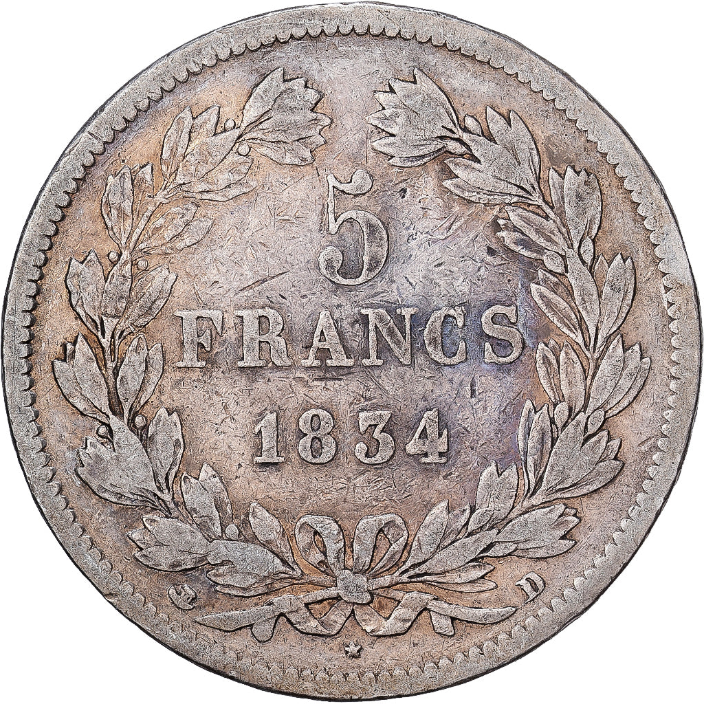 France, Louis-Philippe Ier, 5 Francs, 1834, Lyon, Argent, TB+, Gadoury:678