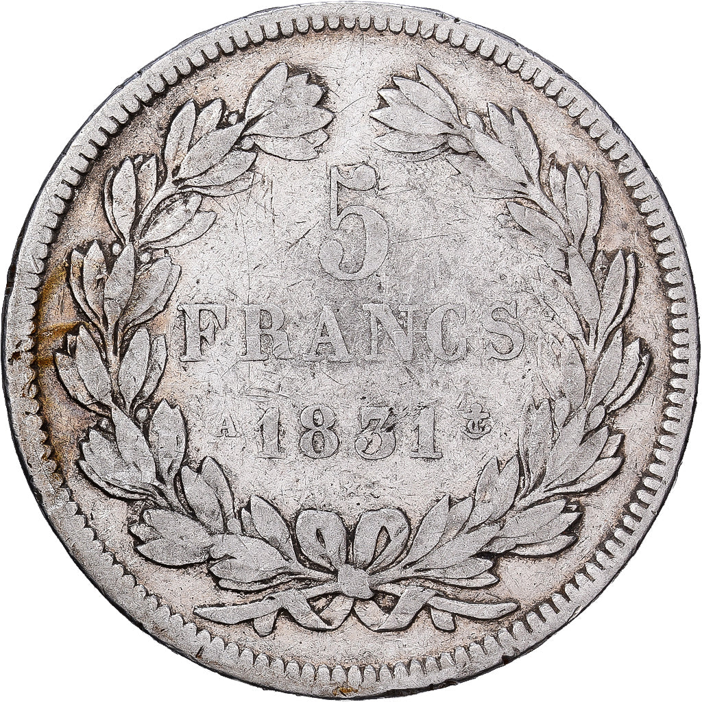 Francia, Louis Philippe I, 5 Francs, 1831, Paris, Plata, BC+, Gadoury:676a