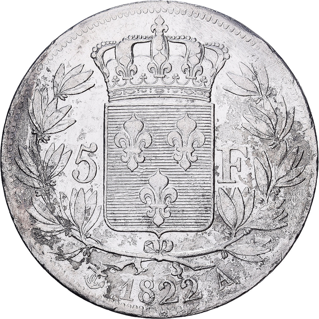 Francia, Louis XVIII, 5 Francs, 1822, Paris, Plata, BC+, Gadoury:614, KM:711.1