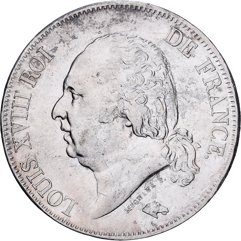 Francia, Louis XVIII, 5 Francs, 1824, Lille, Plata, BC+, Gadoury:614, KM:711.13