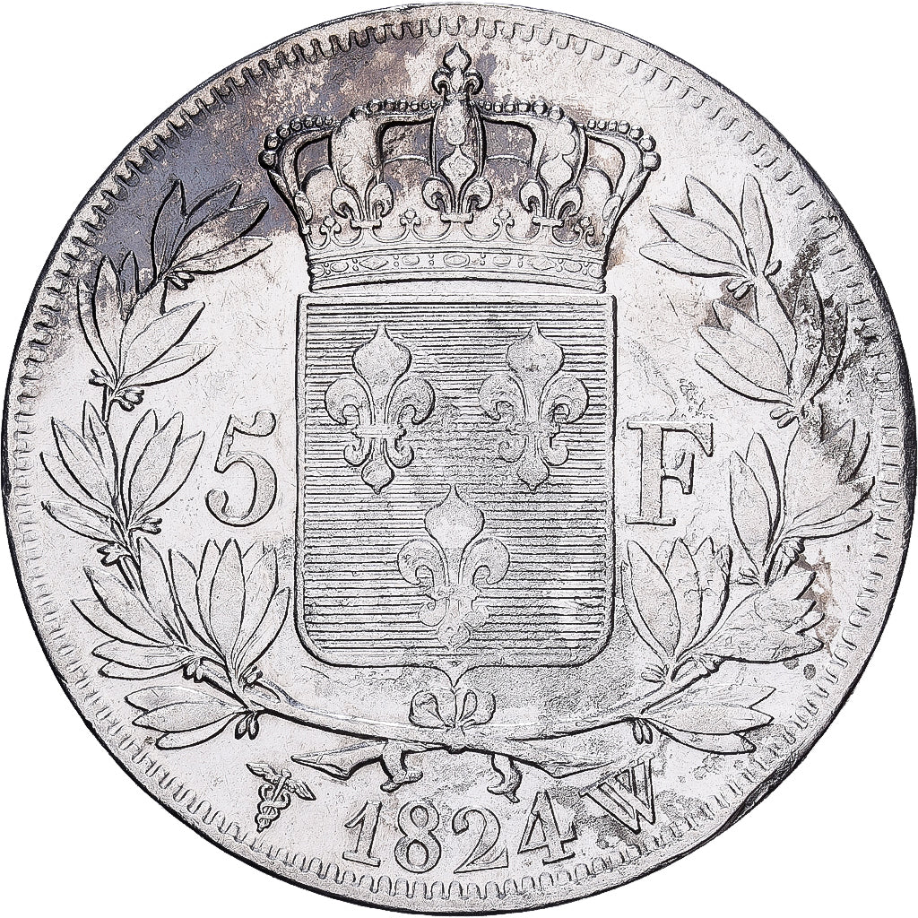 Francia, Louis XVIII, 5 Francs, 1824, Lille, Plata, BC+, Gadoury:614, KM:711.13