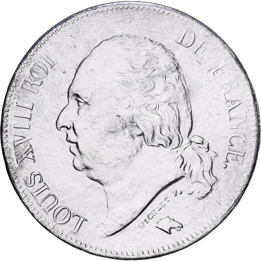 Francia, Louis XVIII, 5 Francs, 1824, Rouen, Plata, BC+, Gadoury:614, KM:711.2