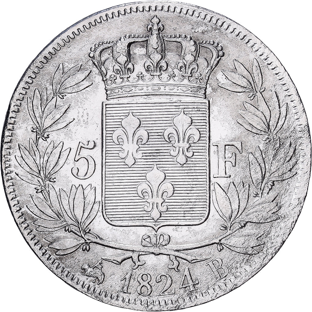 Francia, Louis XVIII, 5 Francs, 1824, Rouen, Plata, BC+, Gadoury:614, KM:711.2