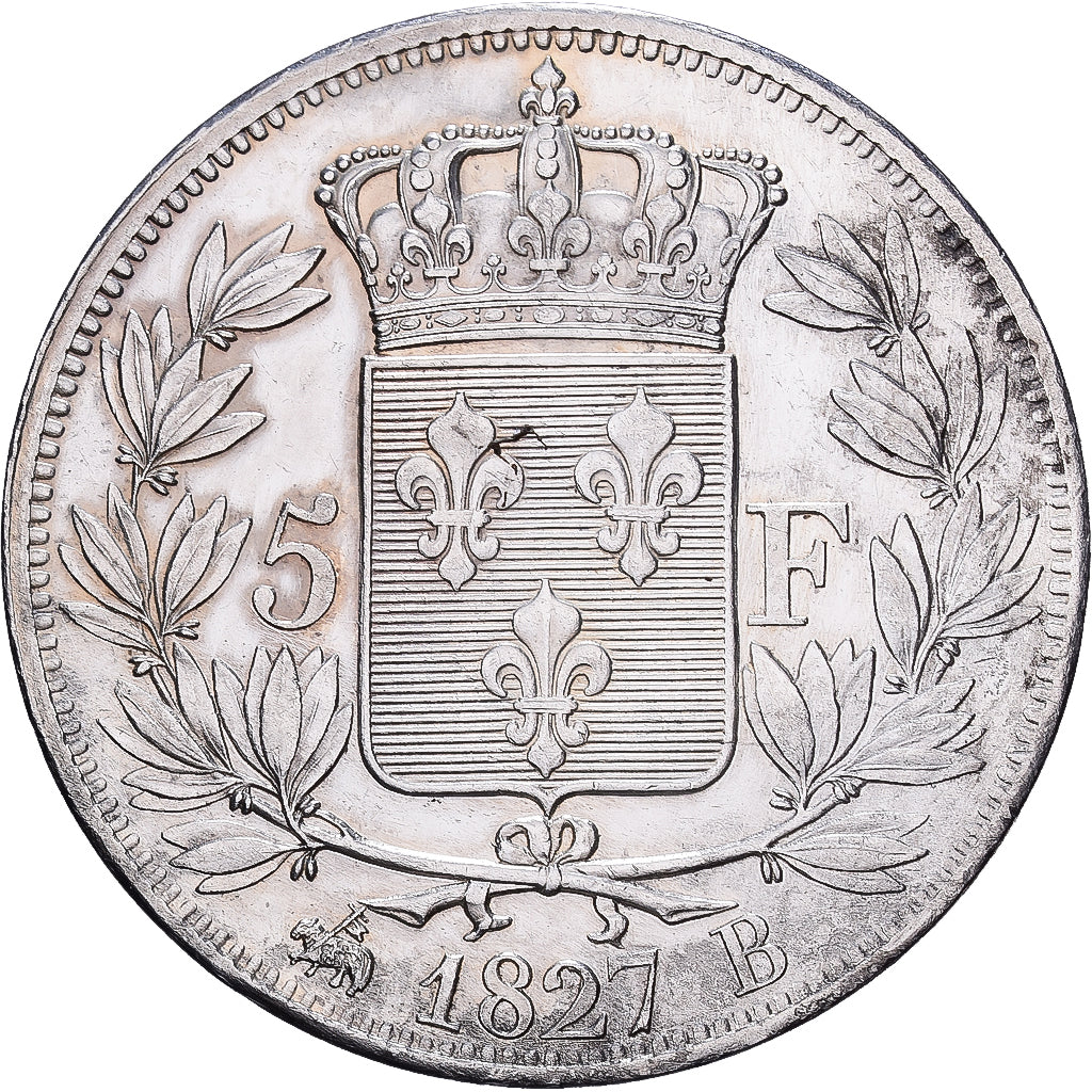 Frankreich, Charles X, 5 Francs, 1827, Rouen, Silber, S+, Gadoury:644, KM:728.2