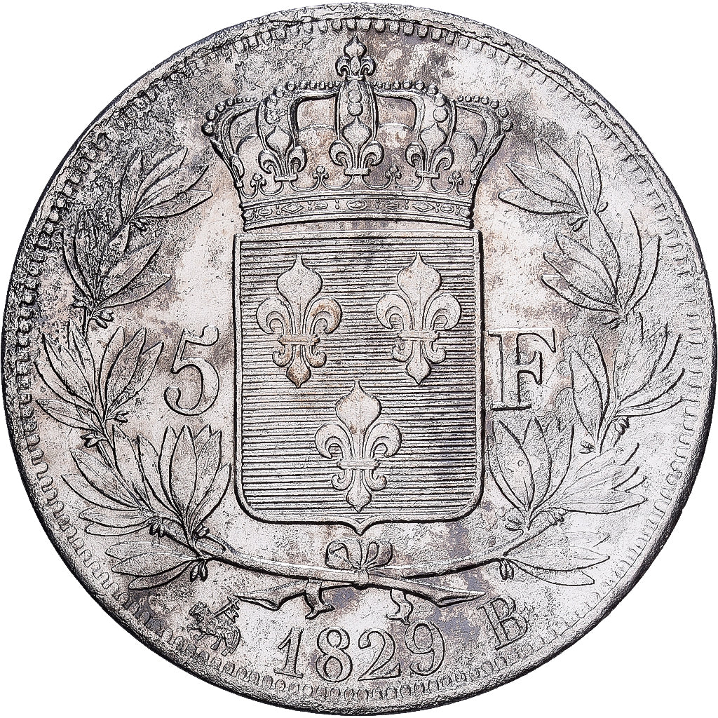Francia, Charles X, 5 Francs, 1829, Rouen, Plata, BC+, Gadoury:644, KM:728.2