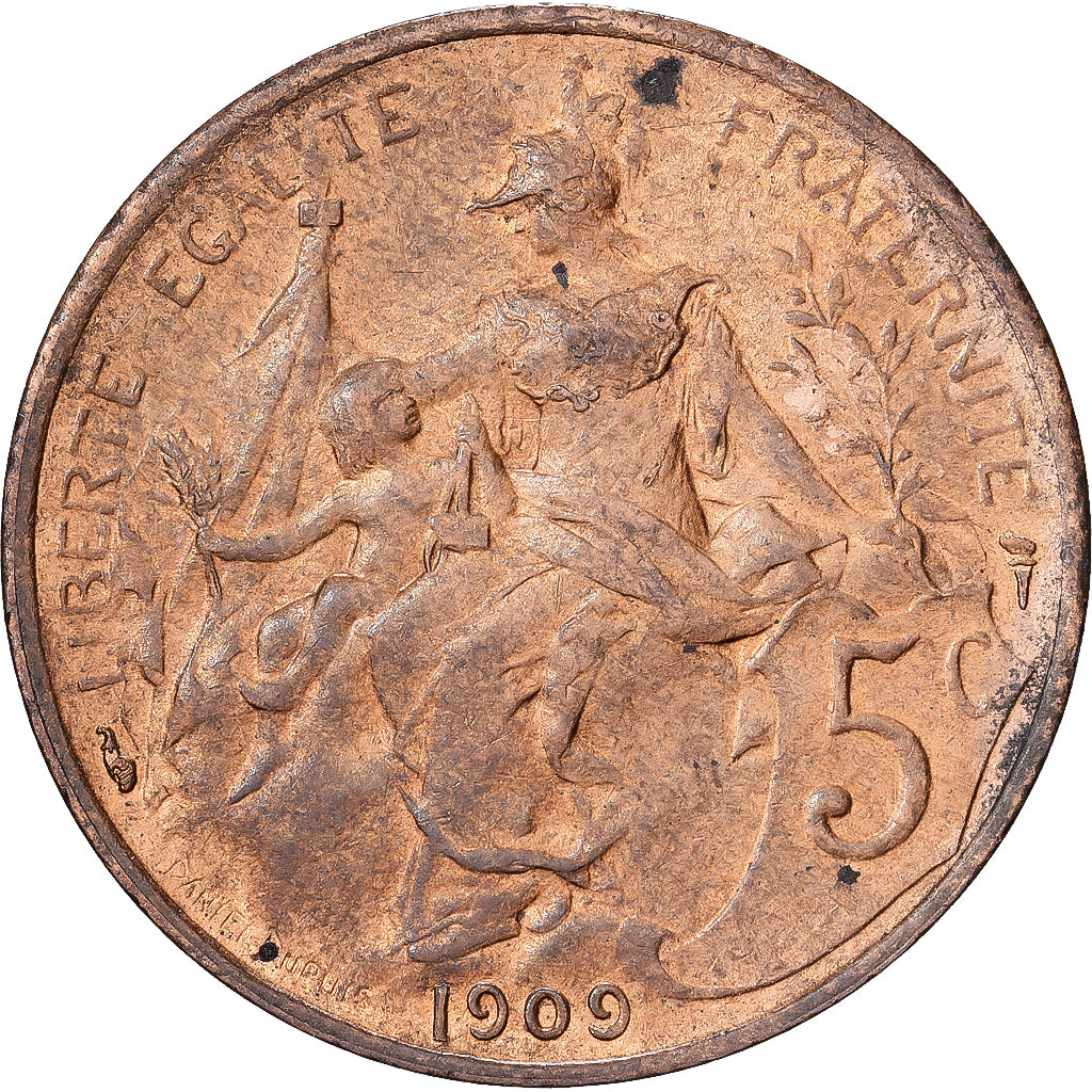 França, 5 Centimes, Dupuis, 1909, Paris, Bronze, EF(40-45), Gadoury:165, KM:842