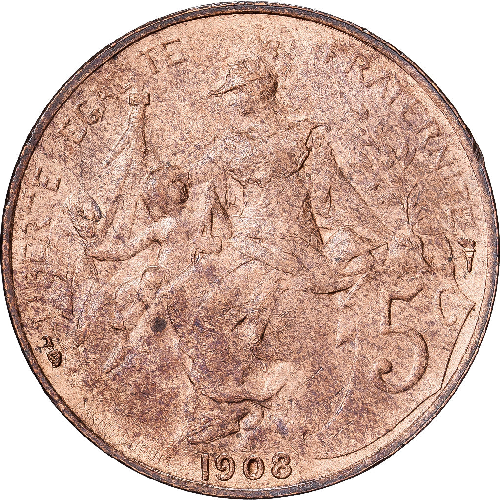 Francia, 5 Centimes, Dupuis, 1908, Paris, Bronzo, BB+, Gadoury:165, KM:842