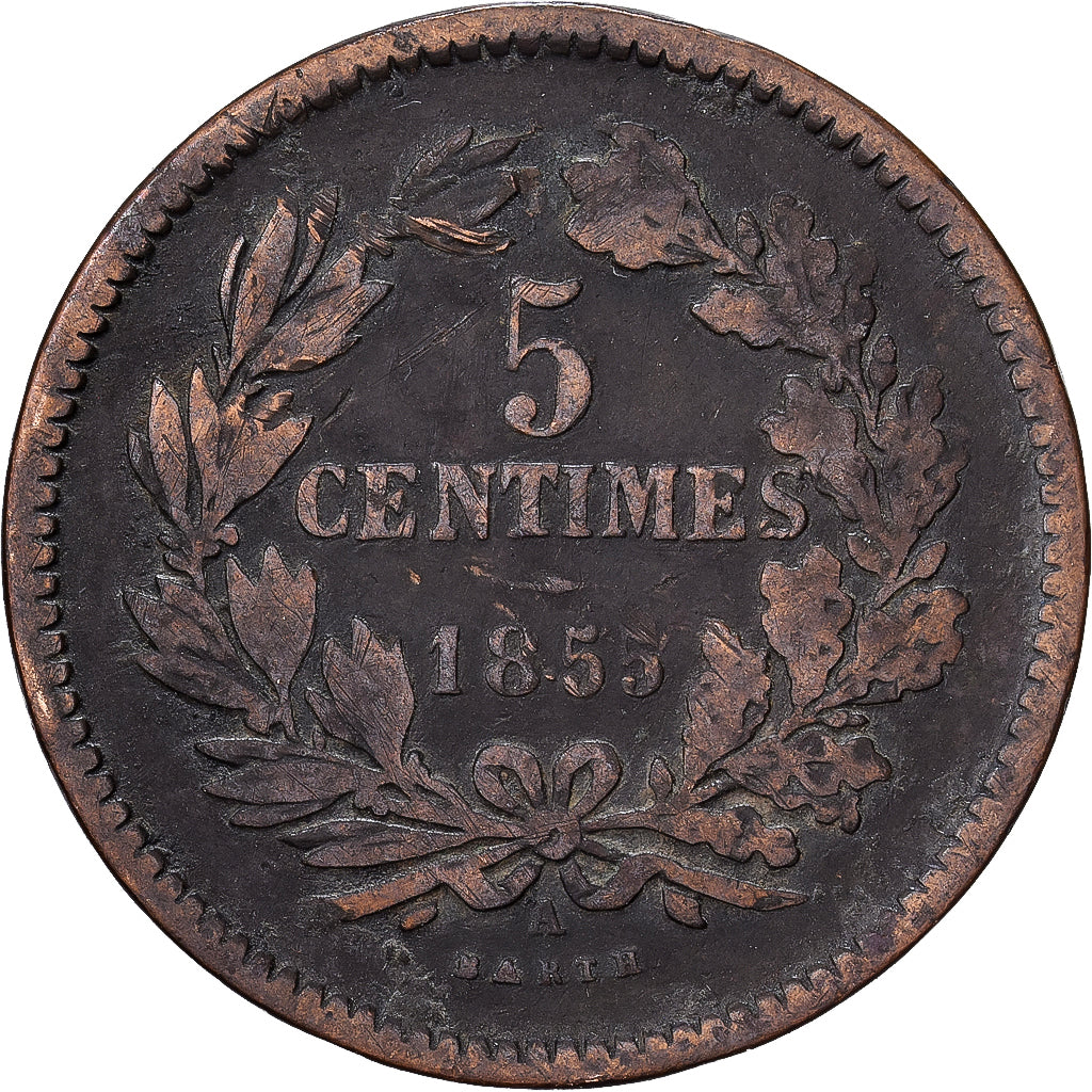 Lussemburgo, William III, 5 Centimes, 1855, Paris, Bronzo, MB, KM:22.2