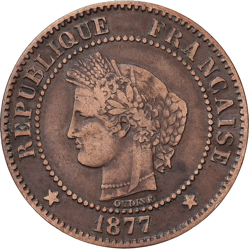 Francia, 2 Centimes, Cérès, 1877, Paris, Petit A, Bronce, BC+, Gadoury:105