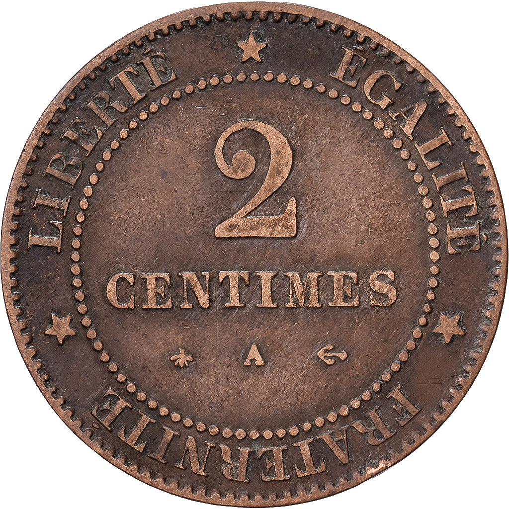 Francia, 2 Centimes, Cérès, 1877, Paris, Petit A, Bronce, BC+, Gadoury:105