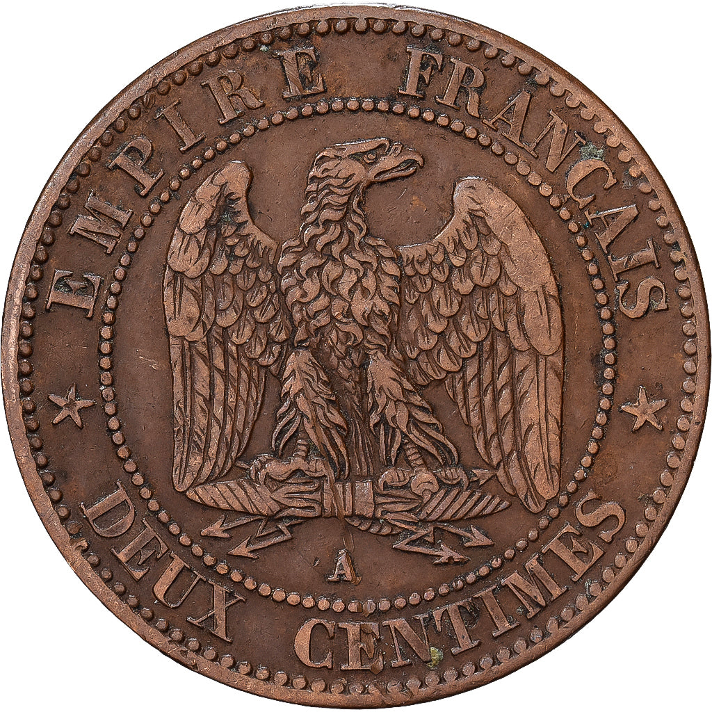 França, Napoleon III, 2 Centimes, 1861, Paris, Bronze, EF(40-45), Gadoury:104