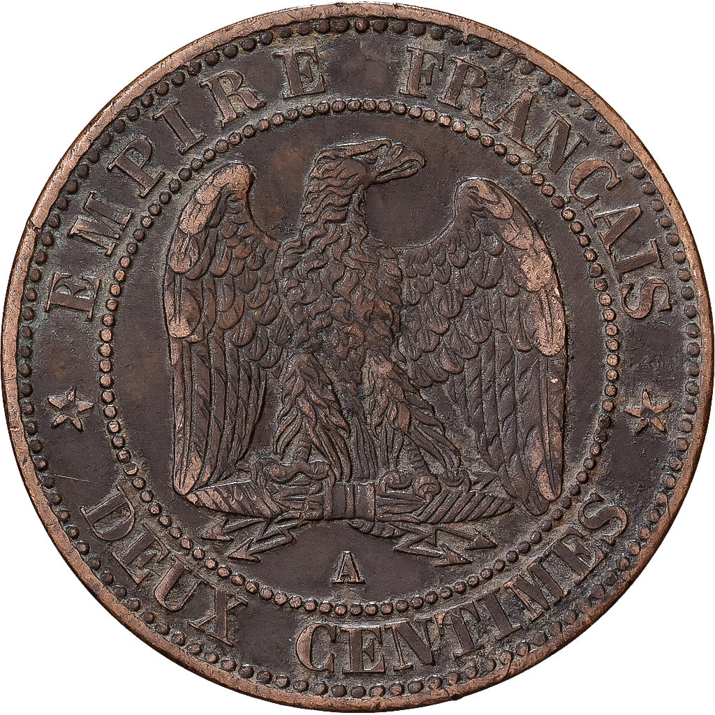 França, Napoleon III, 2 Centimes, 1861, Paris, Bronze, EF(40-45), Gadoury:104