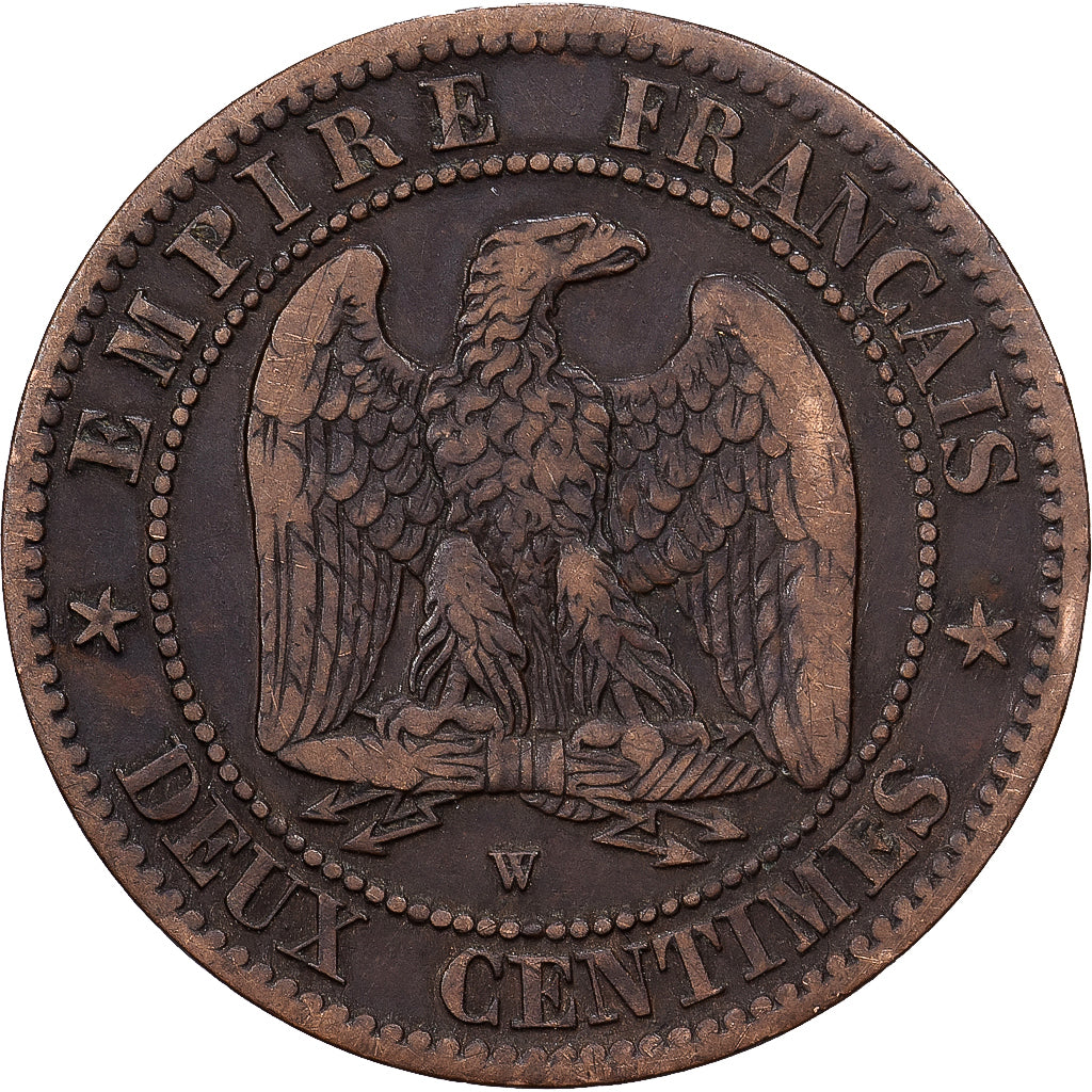 Francia, Napoleon III, 2 Centimes, 1854, Lille, Bronce, BC+, Gadoury:103