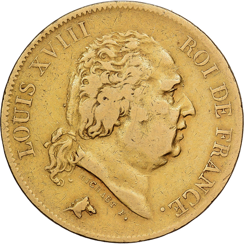 França, Louis XVIII, 40 Francs, 1818, Lille, Dourado, VF(30-35), Gadoury:1092
