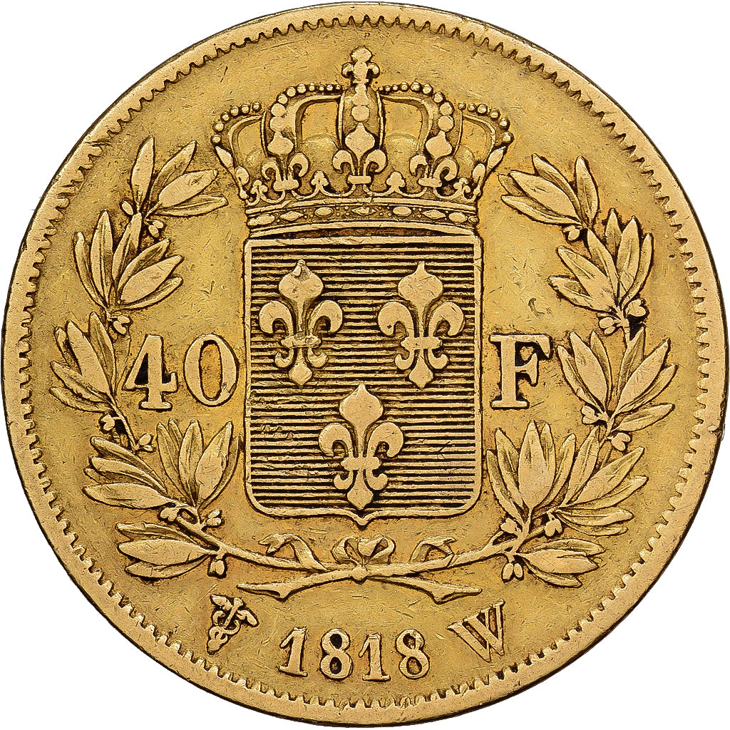 França, Louis XVIII, 40 Francs, 1818, Lille, Dourado, VF(30-35), Gadoury:1092