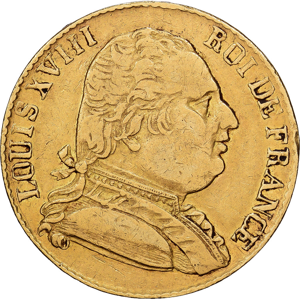Francja, Louis XVIII, 20 Francs, 1815, London, Złoto, EF(40-45), Gadoury:1027