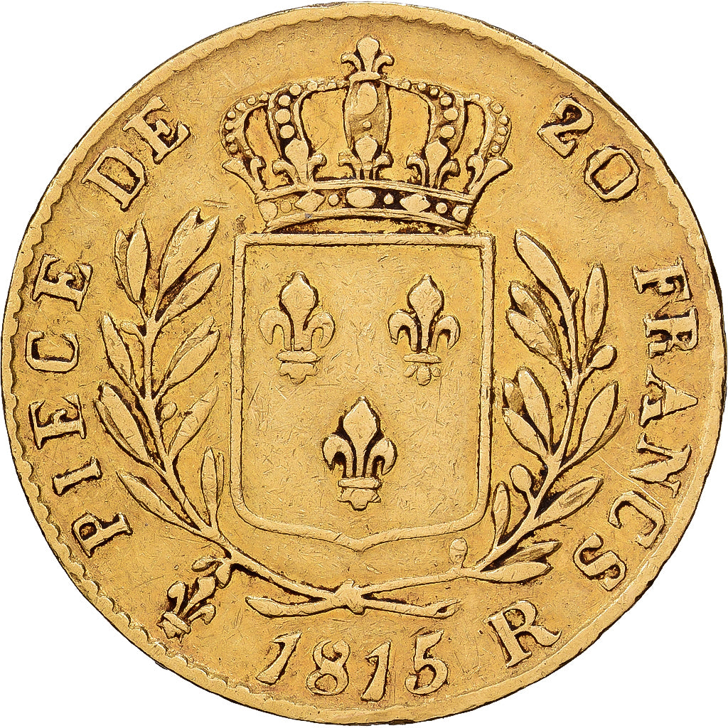 Francja, Louis XVIII, 20 Francs, 1815, London, Złoto, EF(40-45), Gadoury:1027