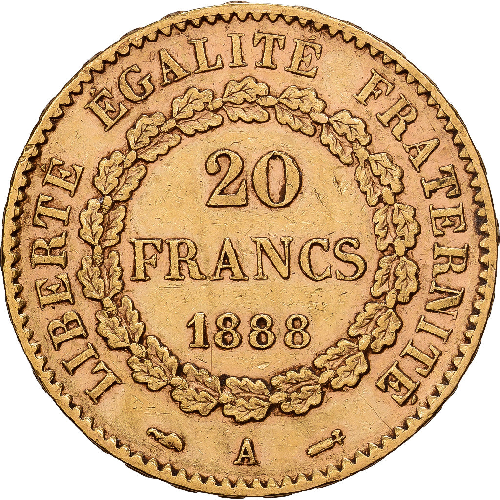 França, 20 Francs, Génie, 1888, Paris, Dourado, EF(40-45), Gadoury:1063