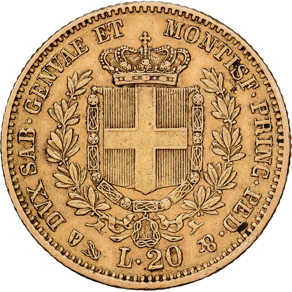 ESTADOS ITALIANOS, SARDINIA, Vittorio Emanuele II, 20 Lire, 1850, Genoa
